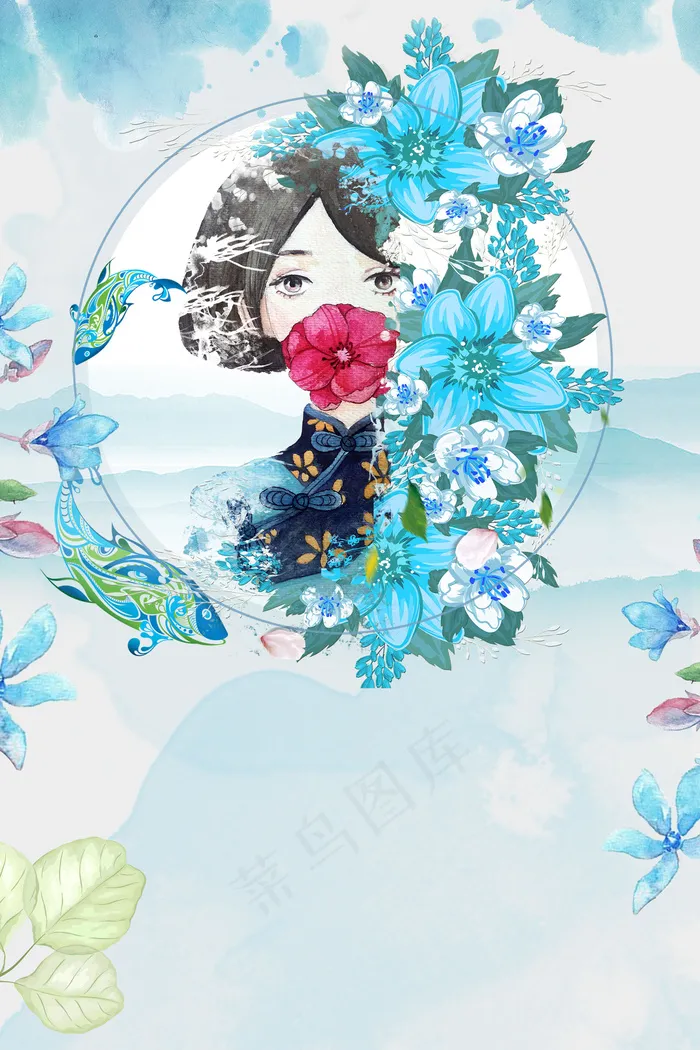 手绘水彩风春季上新海报背景插画