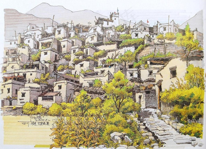 钢笔 马克笔 四川藏寨图片