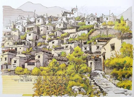 钢笔 马克笔 四川藏寨图片