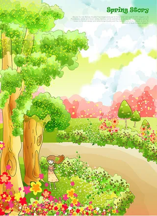 春天蓝天白云下盛开的花朵