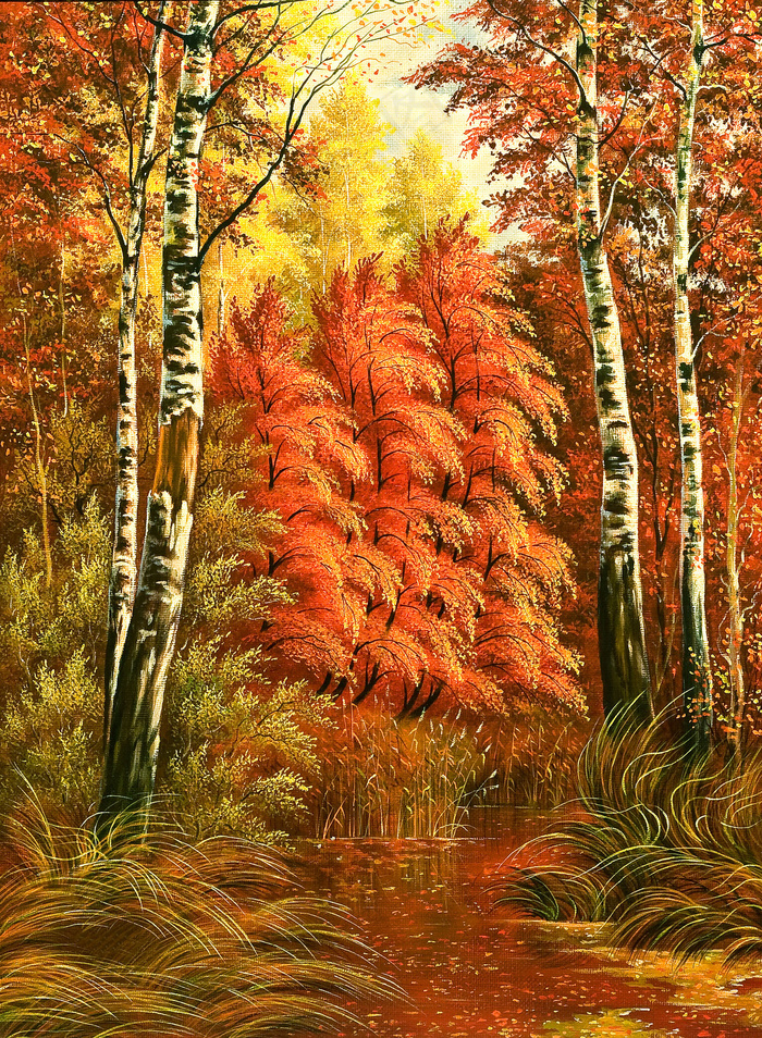白桦树油画秋季树林玄关画