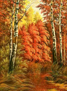 白桦树油画秋季树林玄关画 白桦树油画秋季树林玄关画