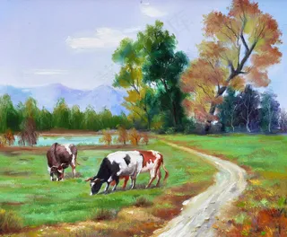 吃草的动物油画图片