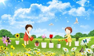 草地上的盆栽图片