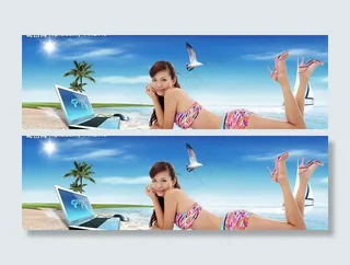 美女海滩玩电脑图片