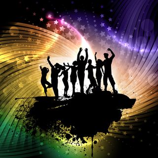 人们在彩色的闪亮的背景轮廓