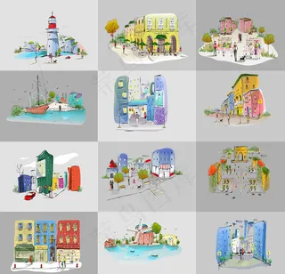 城市水彩剪影画图片