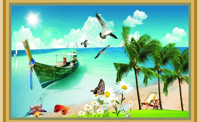 海滩画框图片