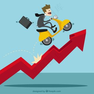 商人与一辆摩托车在增长的图表