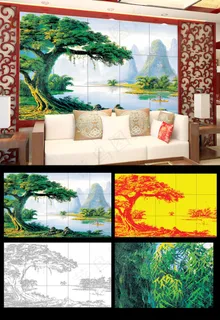 迎客松漓江桂林山水画沙发背景图