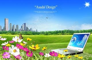 蝴蝶 花朵 花卉 蓝天白云 草地 草坪 笔记本电脑 电子科技 电子产品 psd分层素材源文件