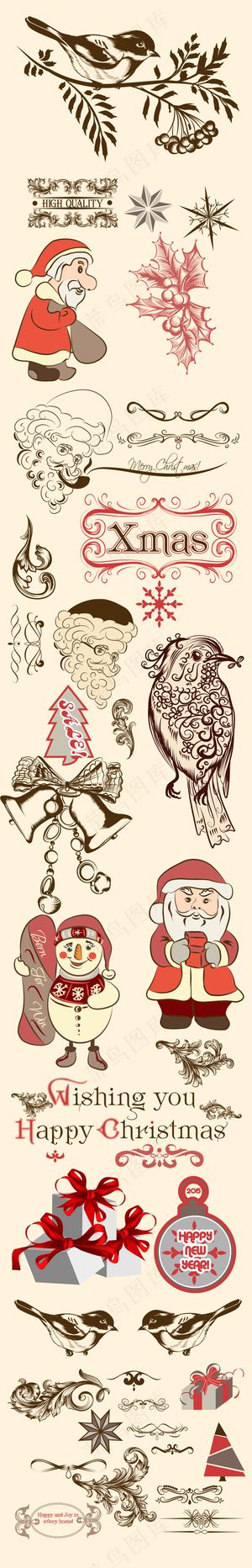 手绘复古圣诞节圣诞老人欧式花纹矢量...