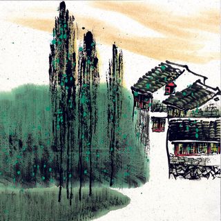 毛笔笔触古风风景花