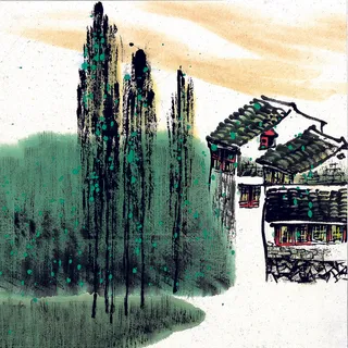 毛笔笔触古风风景花