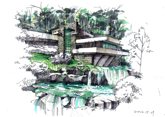 流水别墅手绘图片