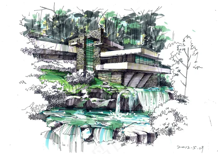 流水别墅手绘图片