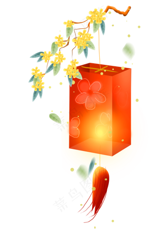 挂在桂花树上的红色灯笼,免抠元素