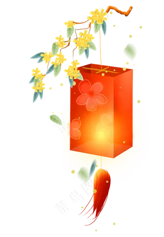 挂在桂花树上的红色灯笼,免抠元素