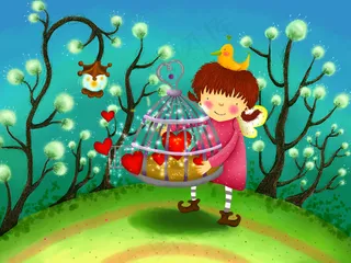 捧着小笼的小女孩卡通背景