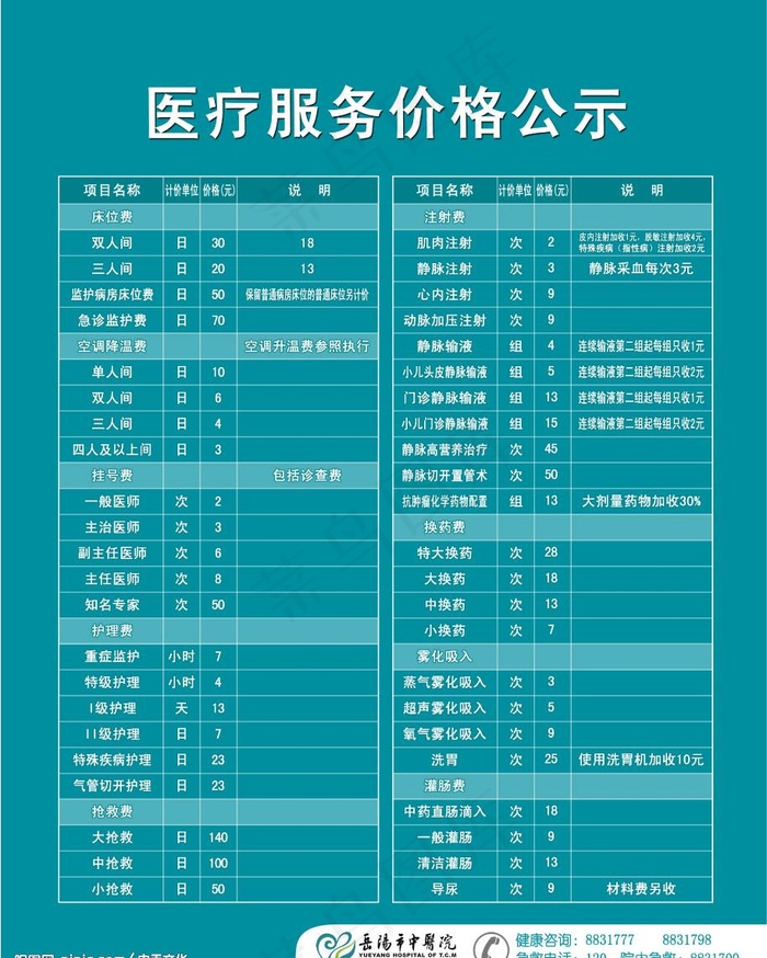 医疗收费标准图片psd模版下载