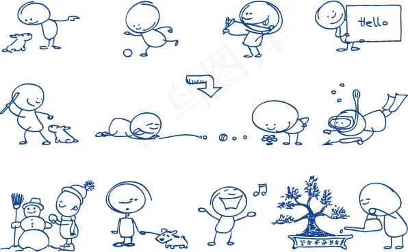 可爱坏小人动作圆珠笔趣味手绘插画eps,ai矢量模版下载