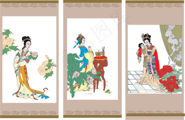 矢量貂婵拜月,贵妃醉酒,仕女赏花图...