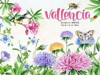 手绘森林鲜花花朵小鸟蝴蝶精细分层P...