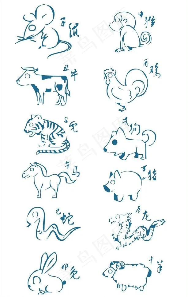 简笔画十二生肖eps,ai矢量模版下载