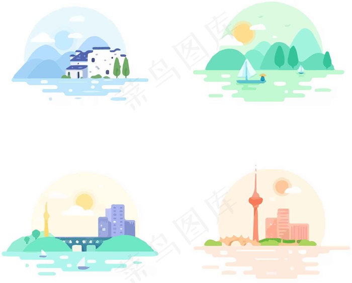 自然风景城市建筑插画ai矢量模版下载