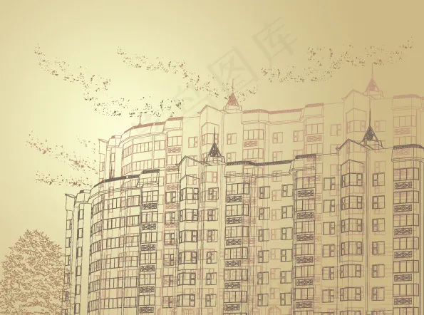 城市建筑线描矢量素材eps,ai矢量模版下载