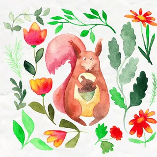 水彩松鼠花和叶图片 水彩松鼠花和叶图片