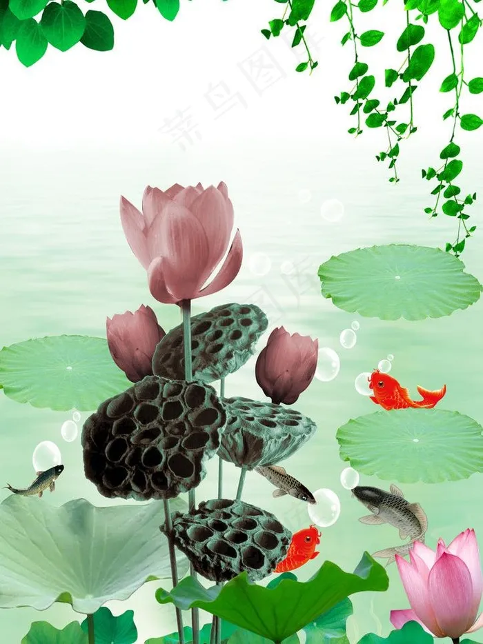 鱼戏荷图片(2480X3508(DPI:300))psd模版下载