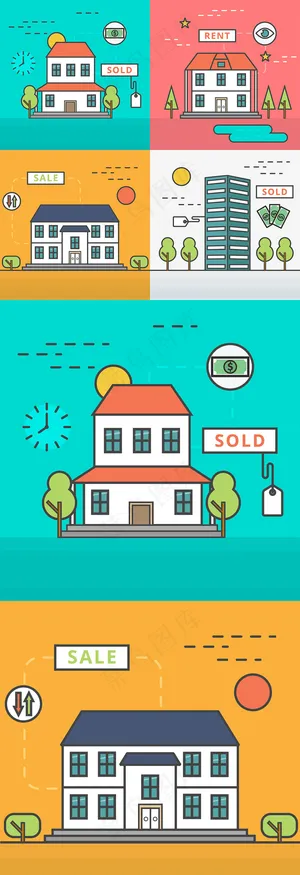 线性房屋花店咖啡店时装店五金店插画...