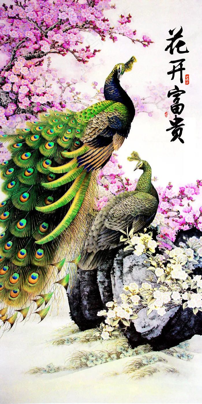 国画孔雀花开富贵玄关背景墙