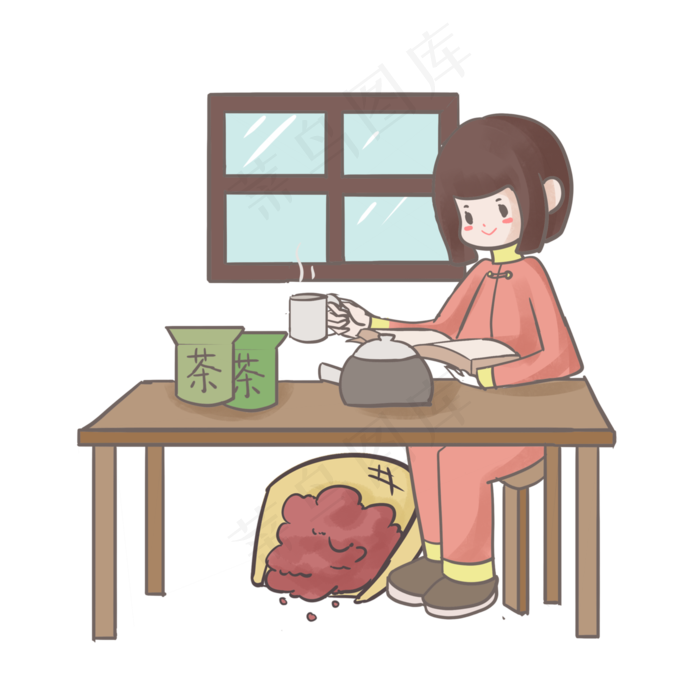 手绘煮养生茶女孩人物插画手绘煮养生茶女孩人物插画