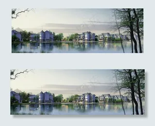 水岸别墅区景观效果图PSD分层素材