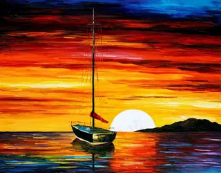 油画 夕阳小船图片