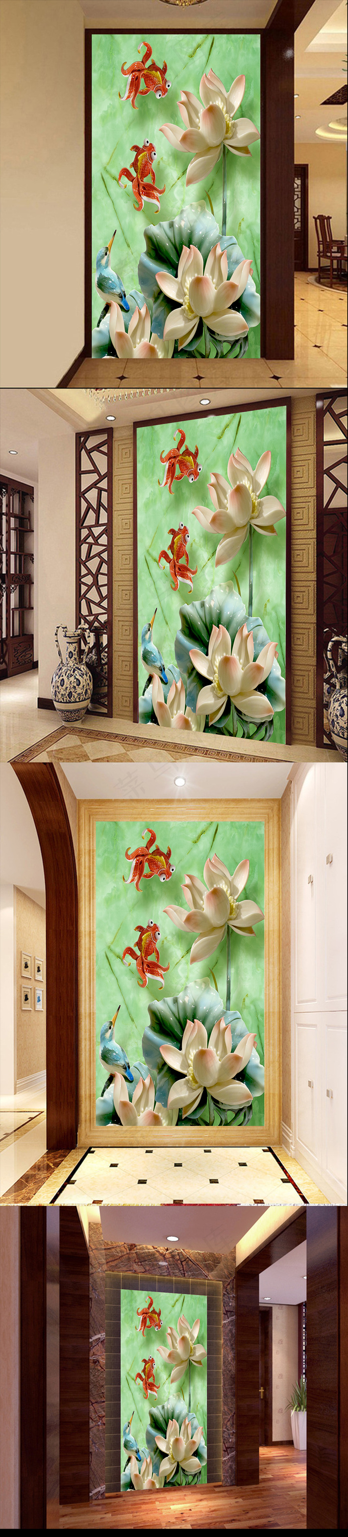 金鱼莲花玉雕玄关背景墙