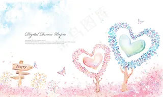 心形树木手绘卡通