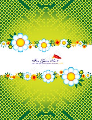 可爱的花，绿色的格子背景矢量