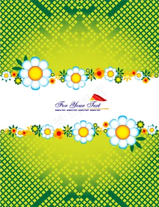 可爱的花，绿色的格子背景矢量