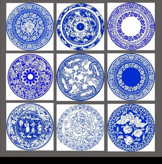 青花瓷古代人物牡丹花桃子底纹图案