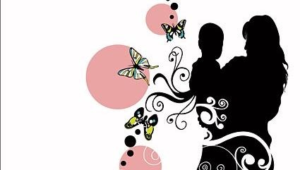 母子剪影，蝴蝶，花卉矢量素材