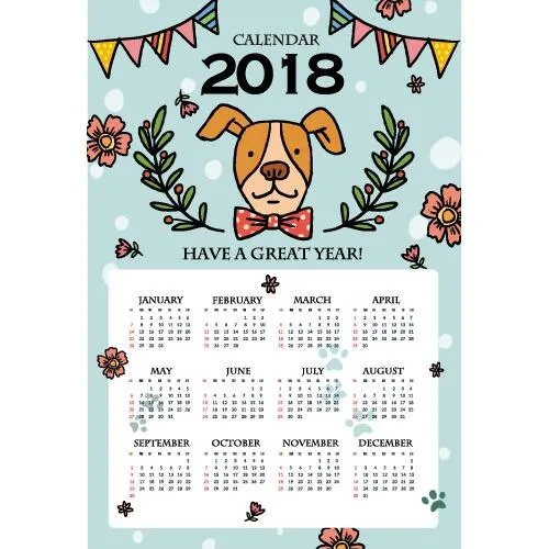 2018年可爱卡通小狗年历挂历日历...ai矢量模版下载