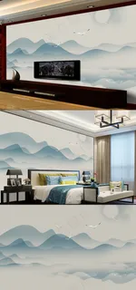 新中式简约禅意抽象水墨山水电视背景...