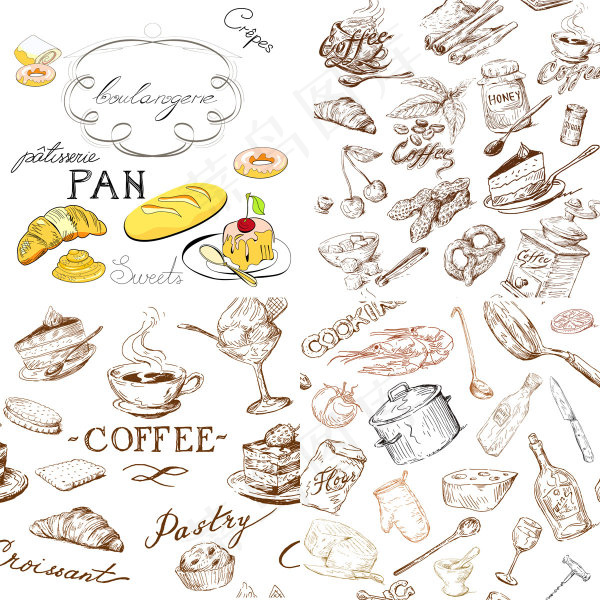 线描食物与厨房用具矢量素材eps,ai矢量模版下载