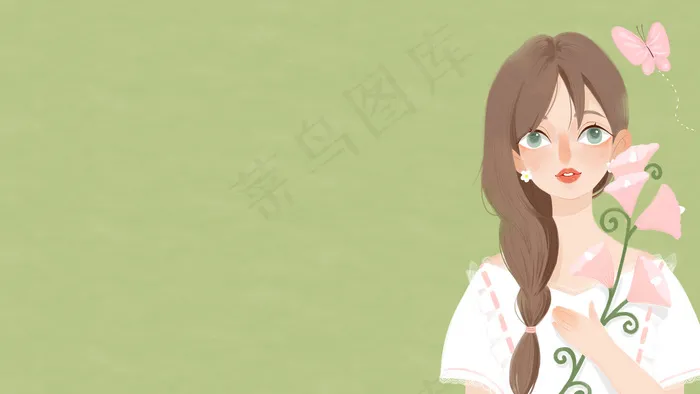 绿色系暖色调文艺辫子少女与花配图(2880*1620px 300 dpi )