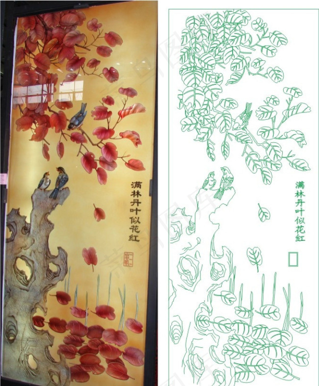 红叶假山鸟电视背景墙cdr矢量模版下载