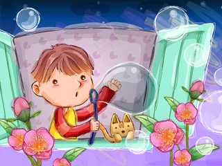 童年卡通插画吹泡泡的小男孩