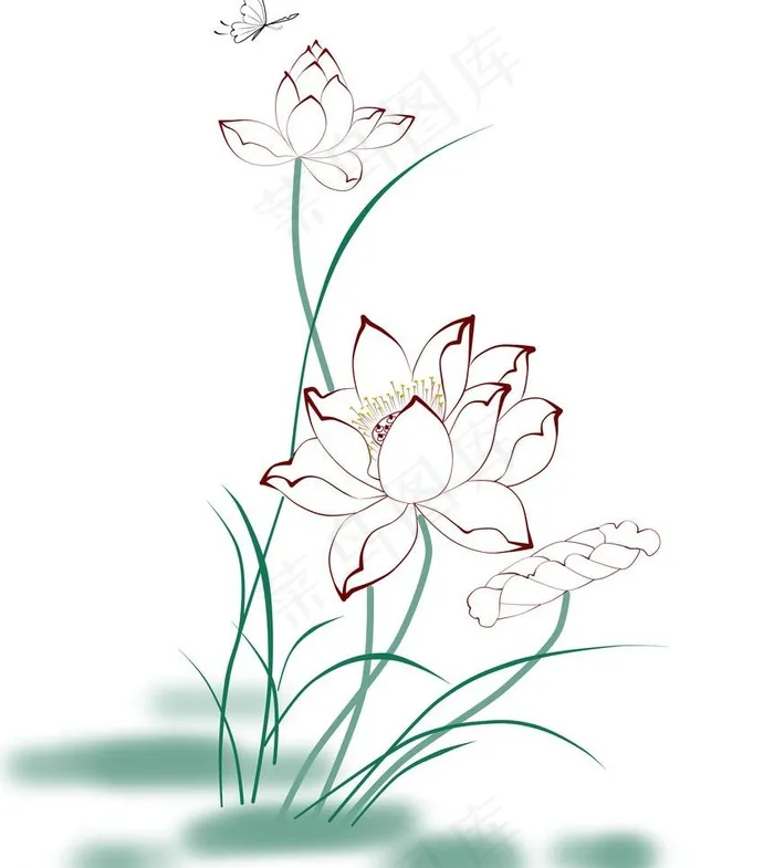 白描蝴蝶荷花图片psd模版下载